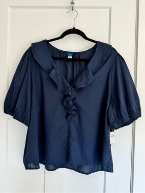 Old Navy NWT XL Navy Ruffle Collar Puff Sleeve Cotton Blouse